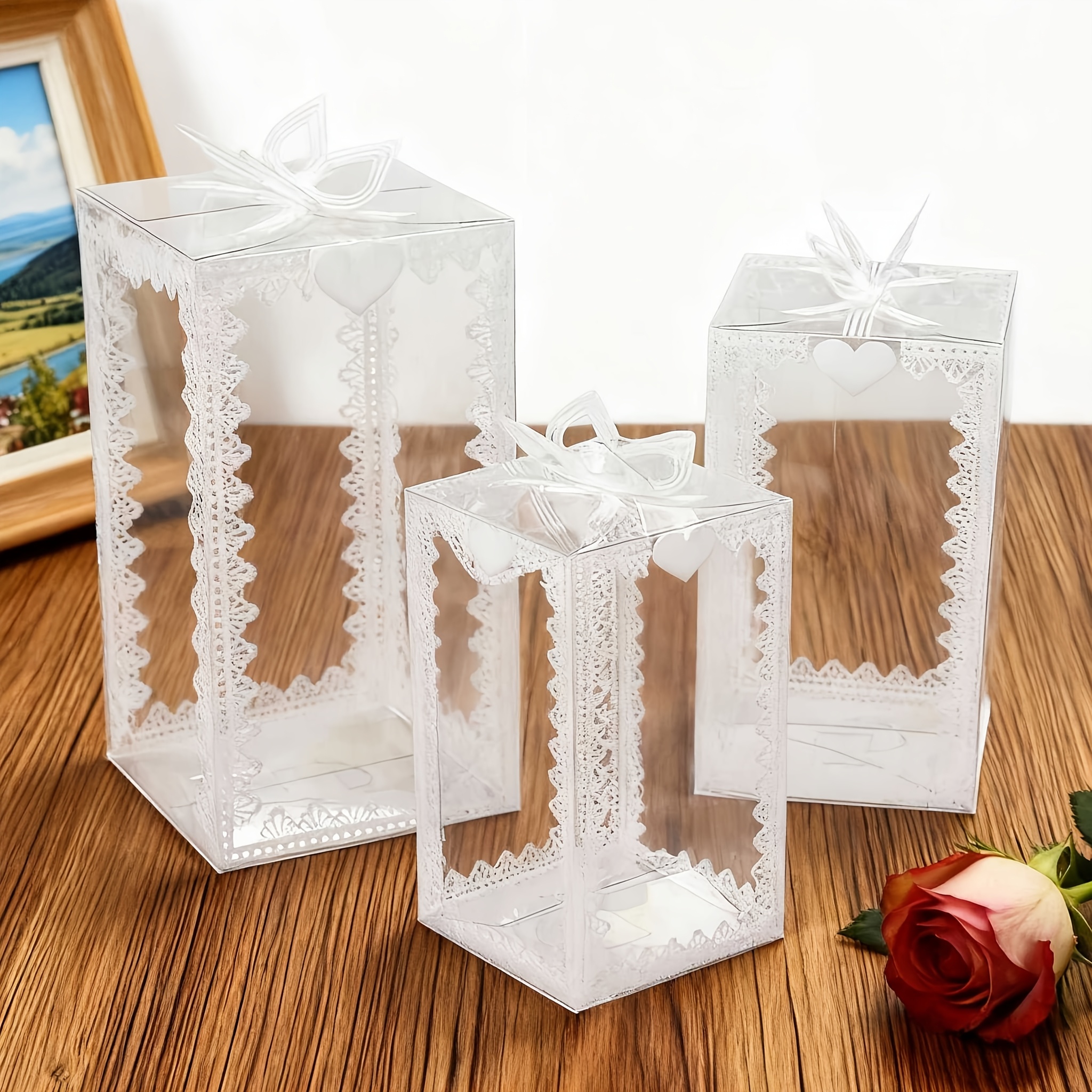 Clear Lace Bow Top Gift Boxes for Weddings